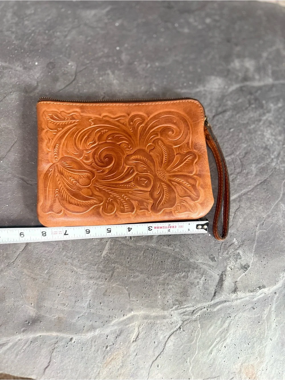 Patricia Nash Cassini Embossed Floral Leather Wristlet in Tan Brown clutch